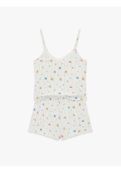 Koton Dantel Detaylı Desenli Şortlu Pijama Takımı Ekru Çizgili 6slk40170mk