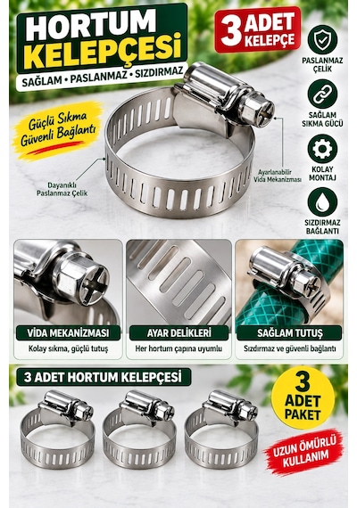 Musluk Hortum Bağlantı Aparatı Seti 3 Farklı Dişli Adaptör + 3 Adet Metal Hortum Kelepçesi 6 Parça S