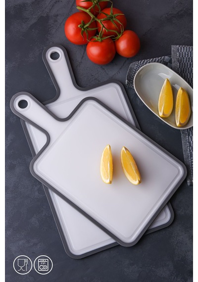 2 Li Kaydırmaz Kesme Tahtası Kulplu Kesim Panosu 1x 30x21 Cm 24,5x19,5 Cm Beyaz - Gri
