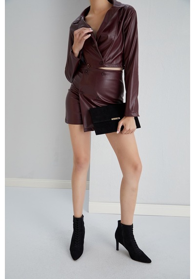Winmoda34 Şortlu Takım Ceket Suni Deri Şort Etek Ceket Ikili Takım Bordo