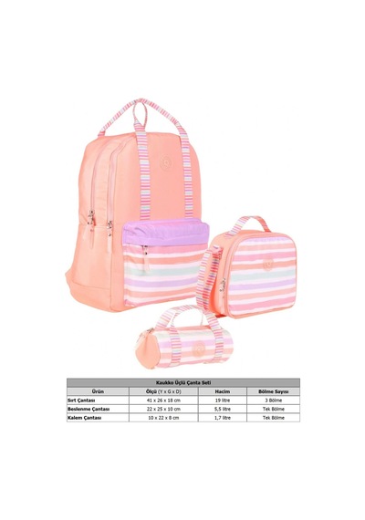 Kaukko Double Stripe Kız Çocuk İlkokul Üçlü Okul Çantası Seti - Somon - Çizgi Desenli Somon