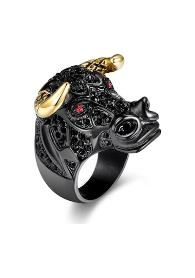 Boğa Yüzük Rhinestone Taşlı Black Bull Gold Horn 316L Paslanmaz Ç Bronz