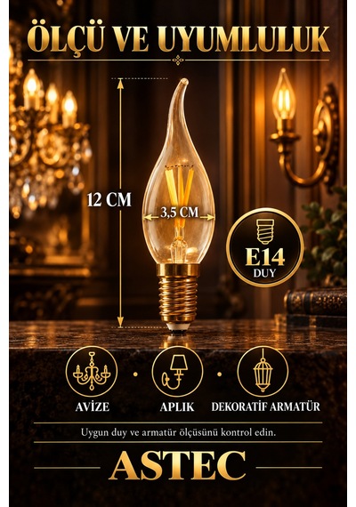 Astec E14 Kıvrık Buji Amber Ampul 4 Watt Amber Işık Dekoratif Filament Led