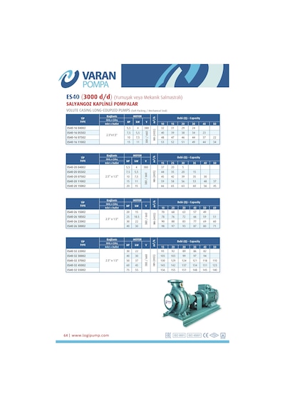 Varan Es 40-16-04002 Uçtan Emişli En 733 Santrifüj Pompa 5.5 Hp / 4 Kw, Trifaze 380 V, 32 Mss, 30 M3/h