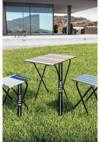 Bino Yükseklik Ayarlı Ahşap Bistro Set Kamp Masası Taburesi 3'lü Set Çok Renkli
