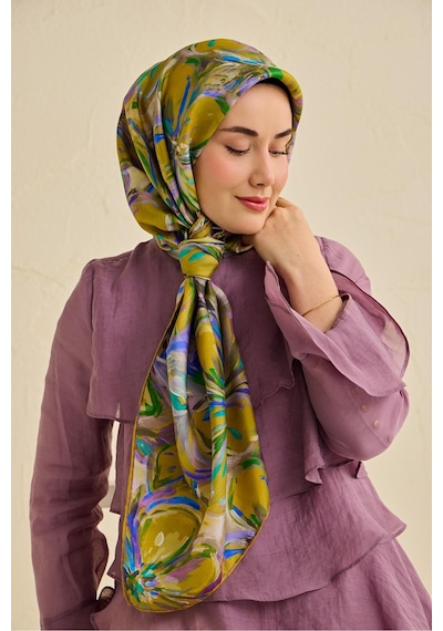 Silk Home Tivil İpek Eşarp Ist 11501- 02 Yağ Yeşili Çiçek Desen Bej