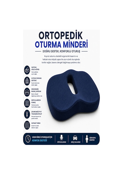 Ortopedik Oturma Minderi Hafızalı Visco Köpük Kuyruk Sokumu Destek Yastığı, Uzun Süreli Oturuşlar Lacivert