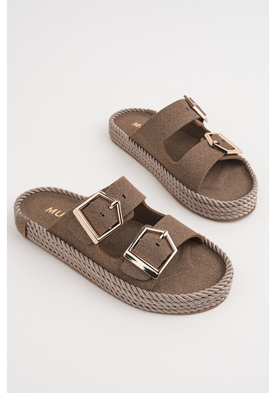 Muggo Goldy Kadın Çift Tokalı Ayarlanabilir Rahat Taban Günlük Terlik Vizon