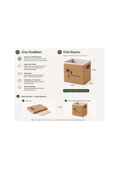 Jüt Dolap Düzenleyici Saklama Kutusu 20x20x20 Cm Katlanabilir Çok Amaçlı Organizer Sepet Doğal
