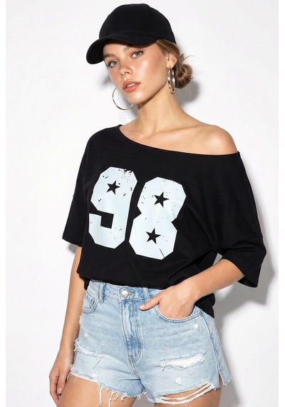 Shade Kadın Kayık Yaka Baskılı Oversize %100 Pamuk T-shirt Öt100005 60286270 - Siyah