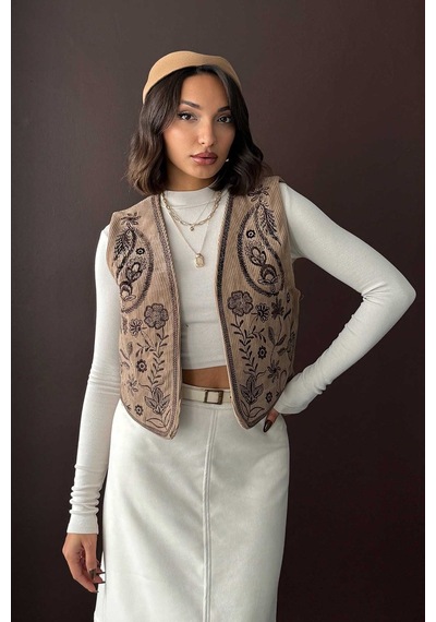 Verymoda Fitili Kadife Nakışlı Yelek Vmf2010 VİZON