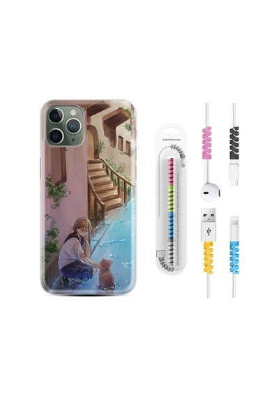 Apple Uyumlu iPhone 12 Pro Max Kılıf Kablo Koruyuculu Cat And Girl 1808