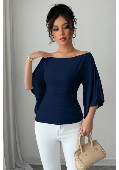 Kadın Lacivert Kayık Yaka Flare Kol Drapeli Fit Bluz Lacivert