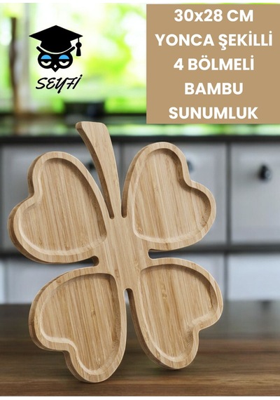 30x28 Cm Yonca Şekilli 4 Bölmeli Bambu Sunumluk