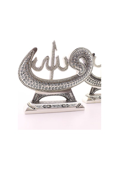 Orta Boy Biblo 17 Cm Vavlı Lafız 2'li Gümüş Allah Muhammed Polyester Üzerine Metal Kaplama Biblo