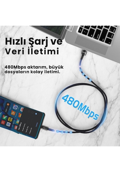 Premıum Örgü Kopmaz Kablo 1metre 6a 66w Usb To Type-c Şarj Kablosu Data Kablosu Akım Koruma