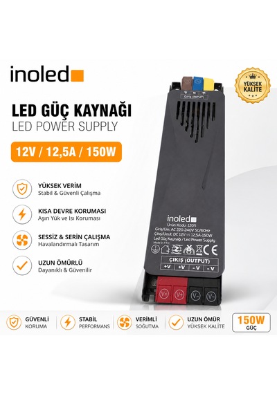 İnoled 1205 12,5a 150w 12v Led Güç Kaynağı Kısa Devre Korumalı Adaptör Şerit Led Trafo 220v Ac 12v Dc Dönüştürücü Yüksek Verimli, Güvenli, Uzun Ömürlü Led Trafo 12,5 A