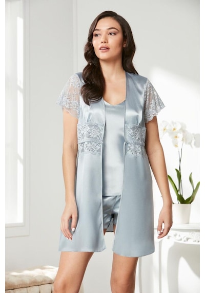 Pierre Cardin Mist Saten Dantelli 3'lü Kadın Sabahlık-şort Takım 2480 Mist