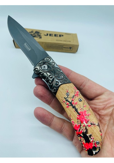 Jeep Ahşap Kasa Çiçek Desenli Kamp Çakı //23cm-0ııııııı0 Kahverengi - Sarı
