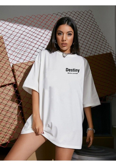 Flood Of Style Kadın Beyaz Destiny Baskılı Oversize Tshirt