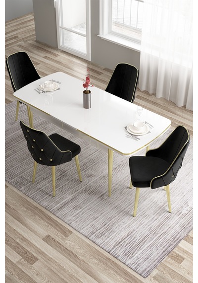 Canisa Tia Serisi 80x132 Açılabilir Mdf Mutfak Masası Takımı Beyaz Masa Gold Detay 4 Siyah Sandalye Masa Beyaz Sandalye Siyah Canisa Tia Serisi 80x132 Açılabilir Mdf Mutfak Masası Takımı Beyaz Masa Gold Detay 4 Siyah Sandalye Masa Beyaz Sandalye Siyah