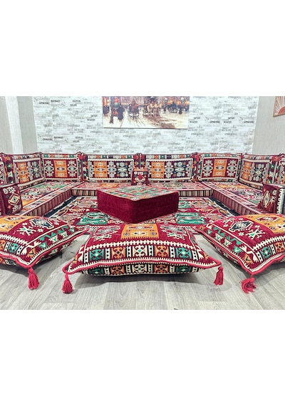 Coton Şark Köşesi Bordo Milas Desenli Minder Takımı