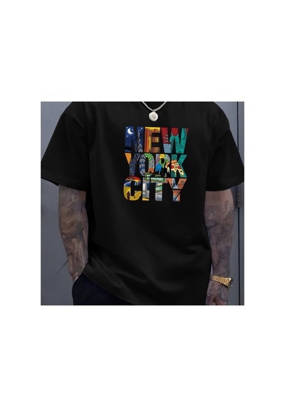 Caddemia Yaz Rahat Rahat Gevşek Artı Boyutu New York Şehir Baskılı Spor Yuvarlak Bo Siyah 2XL