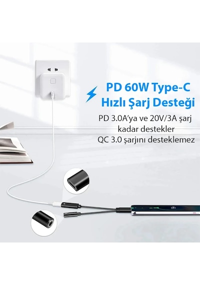 Ally iPhone Uyumlu 15 İçin Type-c Şarj + 3.5mm Kulaklık 2in1 Çevirici Adaptör- 5775 Renkli