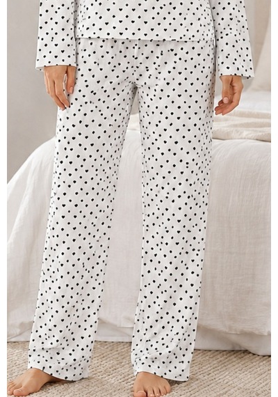 Kadın Kalpli Uzun Kol Rahat Pijama Takımı 4673 Beyaz