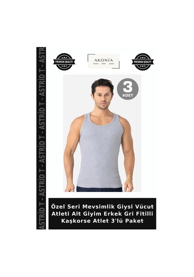 Astrid T Özel Seri Mevsimlik Giysi Vücut Atleti Alt Giyim Erkek Gri Fitilli Kaşkorse Atlet 3'lü Paket