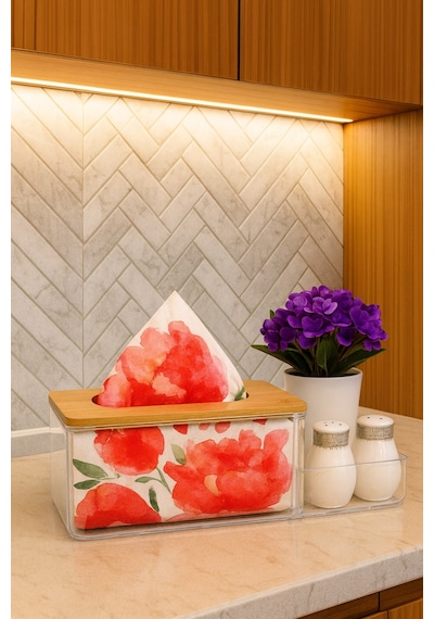 Bambu Kapaklı Plastik Peçetelik Ve Organizer, 25 X 12 X 10 Cm