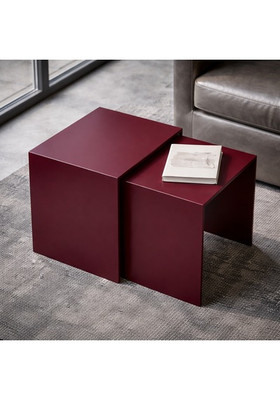 Modern Metal Zigon Sehpa Seti Minimal Tasarım İç İçe Geçen Yan Sehpa 2 Li Set Bordo