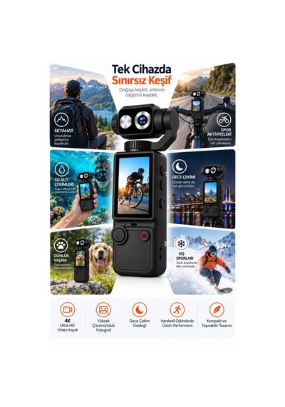 4k Ultra Hd Dijital Kamera 180 Dönen Lens Taşınabilir Video Fotoğraf Kamera 32gb Hafıza Kartı Hediyeli