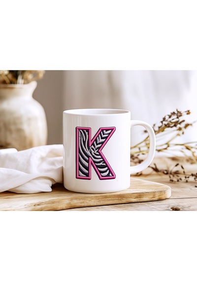 K Harfi Zebra Deseni Ve Pembe Kenarlı Kupa Bardak - Kişiye Özel Nakış Efektli - Siyah Beyaz Pembe Beyaz