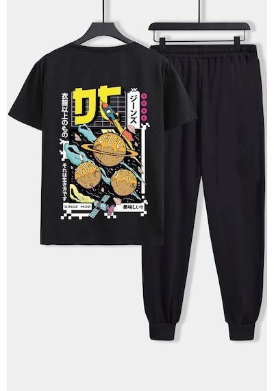 Uyguntarz Unisex Tokoyaki Baskılı 2'li Eşofman Takımı Siyah