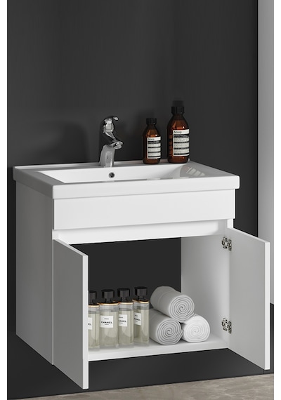 Çiğdem 65 Cm Beyaz Mdf Seramik Lavabolu Asma Banyo Alt Dolabı Beyaz