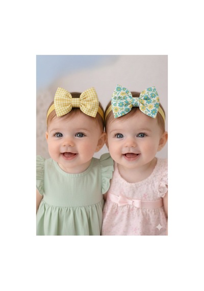 Pamuk Kız Bebek Fiyonk Bandana 2'li Set Yeşil Çiçekli - Sarı Kareli Yeşil Çiçekli - Sarı Kareli