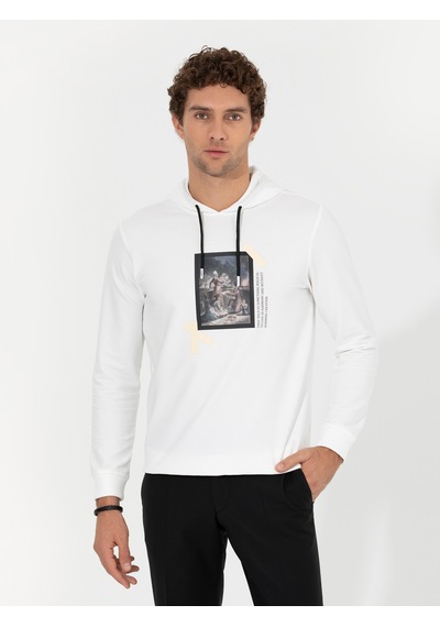 Beyaz Pamuk Karışımlı Kapüşonlu Baskılı Sweatshirt