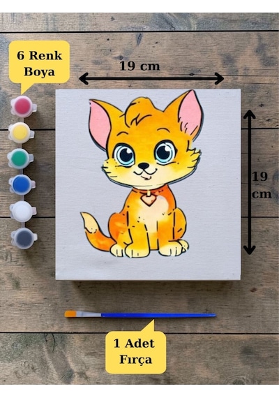 Çocuklar İçin Sevimli Kedi Baskılı Tuval Boyama Seti Hayal Gücünü Keşfet 19x19 Cm Tuval, Fırça Ve 6 Renk Akrilik Boya Seti