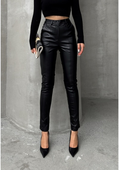 Olcay Deri Görünümlü Dikiş Detaylı Skinny Fit Pantolon Siyah 7562
