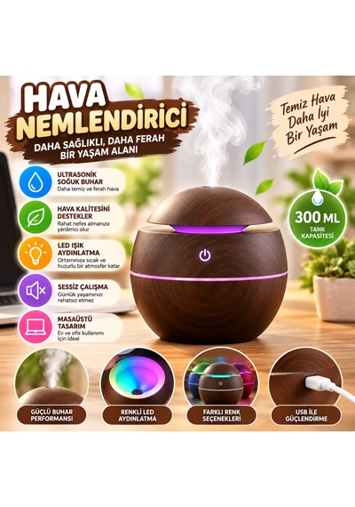 Küre Model Akasya Renk Hava Nemlendirici Ultrasonik Soğuk Buhar Makinesi, Led Işıklı Masaüstü Oda Nemlendiric Standart