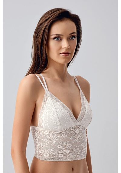 New Bra Çiçek Motifli Uzun Dantel Crop Bralet Ekru 8329