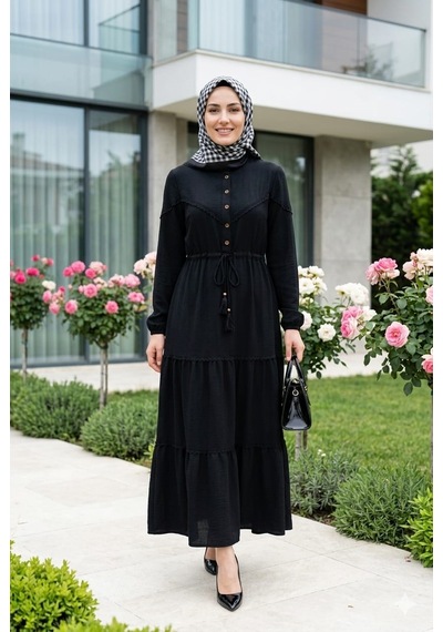 Hb Harma Time Butik Kadın Düğmeli Dantel Detaylı Beli Bağcıklı Ayrobin Siyah Elbise