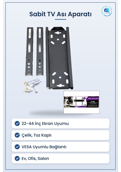 Tv Askı Aparatı Sabit Duvar Tipi İnç Çelik Toz Kaplamalı Vesa Uyu