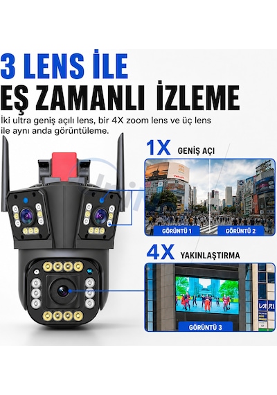 Uninet 5mp Üç Kameralı Wifi Ptz Güvenlik Kamerası 355 /90 Dönebilen Kamera , Akıllı Takip, Dijital Zoom, Siren Ve Ip Dış Mekân