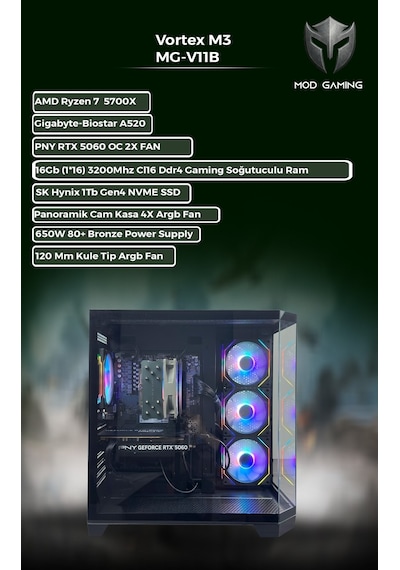 Mod Gaming Vortex R7-5700X 16 GB 1 TB SSD RTX5060 Free Dos Oem Paket Masaüstü Oyuncu Bilgisayarı