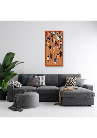 Turuncu Şeritlerde Yürüyen Kalabalık - Metal Tablo - Dec0370 24 X 50 Cm Çok Renkli