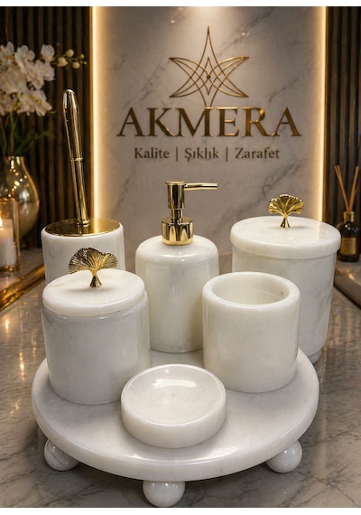 Mermer Top Ayaklı Standlı 7 Parça Lüks Banyo Seti Bakır - Beyaz