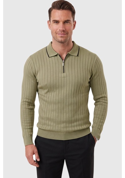 Deepsea Erkek Slim Fit Tüylenmeyen Çizgi Dokulu Haki Triko Kazak Fermuarlı Polo Yaka 2700401 Deepsea Erkek Slim Fit Tüylenmeyen Çizgi Dokulu Haki Triko Kazak Fermuarlı Polo Yaka 2700401