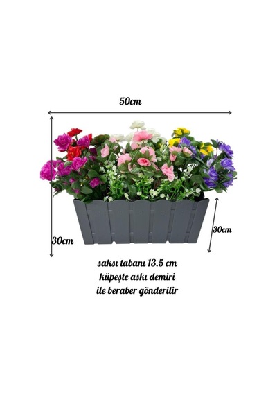 Yapay Çiçek Antrasit Balkon Saksıda Küpeşte Askılı Açelya Çiçeği Karışık Renkli Çiçek Sepeti 50cm Siyah